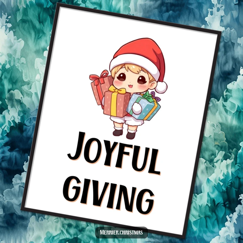 Funny poster of a character in a Santa hat holding many brightly wrapped gifts, embodying the joy and abundance of the holiday season.