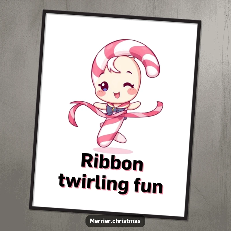 Funny poster art of a candy cane character playfully twirling a ribbon, capturing festive movement and joy.