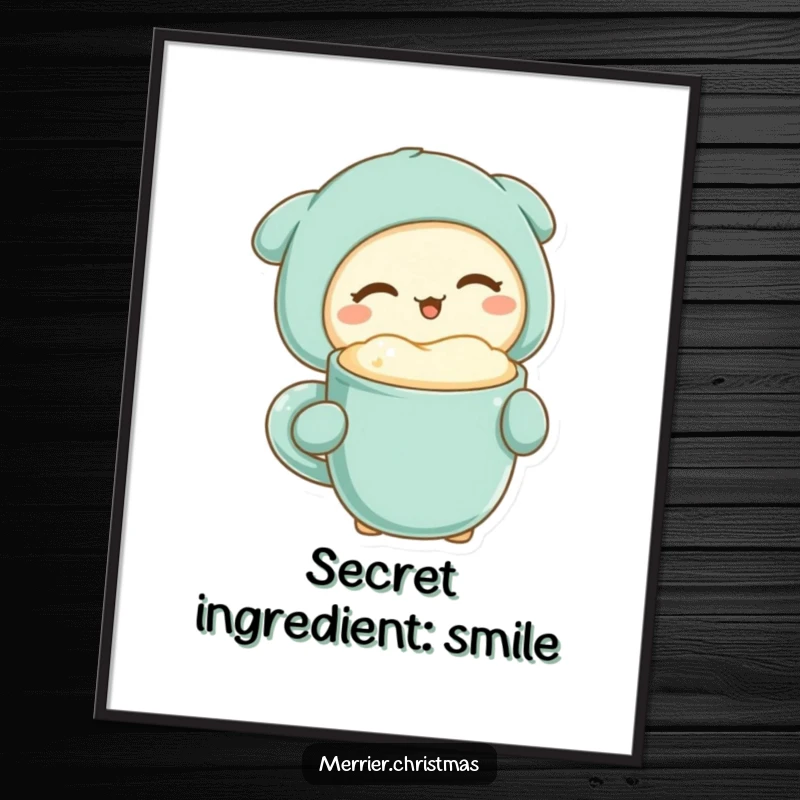 Funny kawaii character winking playfully while holding a mug of warm, frothy drink, featured on a humorous art poster.