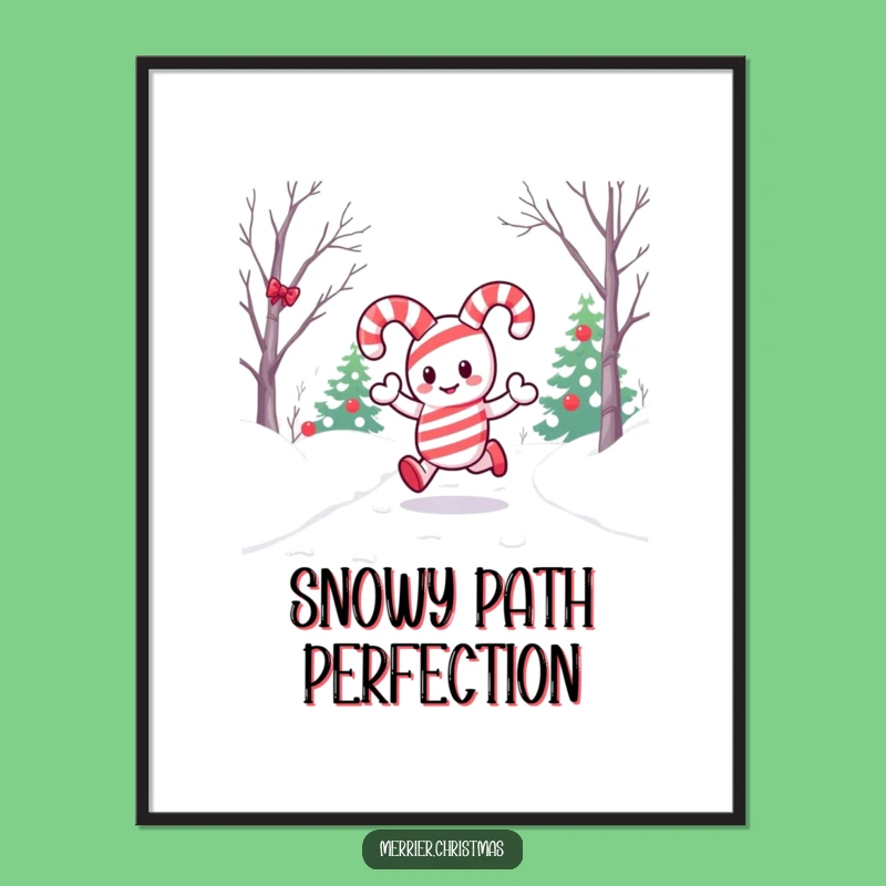 Funny Kawaii Candy Cane Poster: Merry Snow Path Art, Perfect Festive Decor