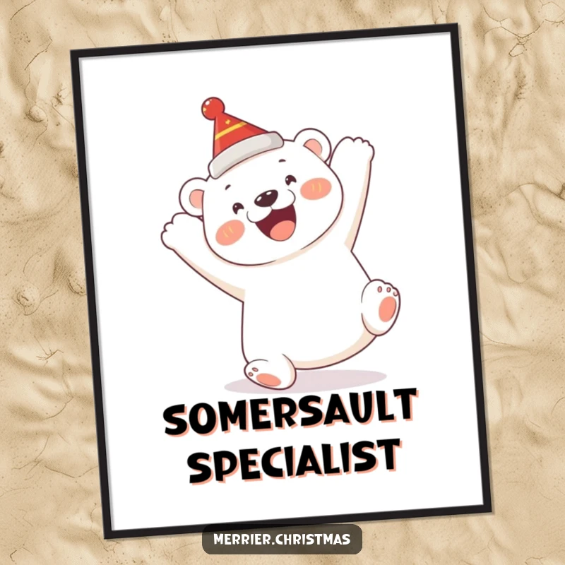Funny Polar Bear Cub Poster: a cute cub humorously doing a somersault, wearing a festive hat, ideal for cheerful decor.