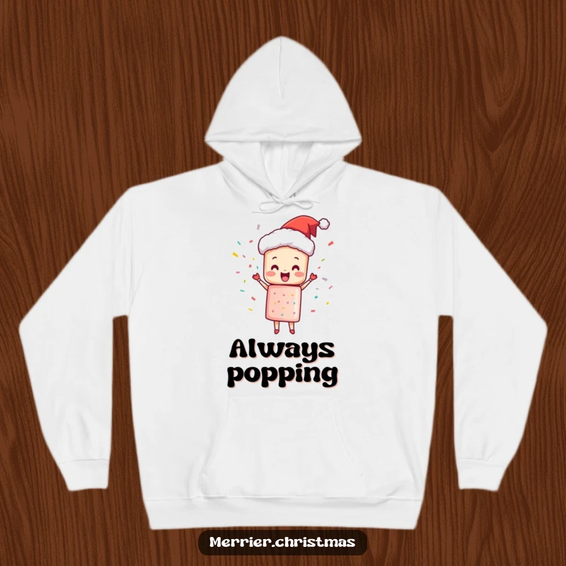 Funny Hoodie featuring a Christmas cracker character joyfully popping with confetti and joy, ideal for cozy celebrations.
