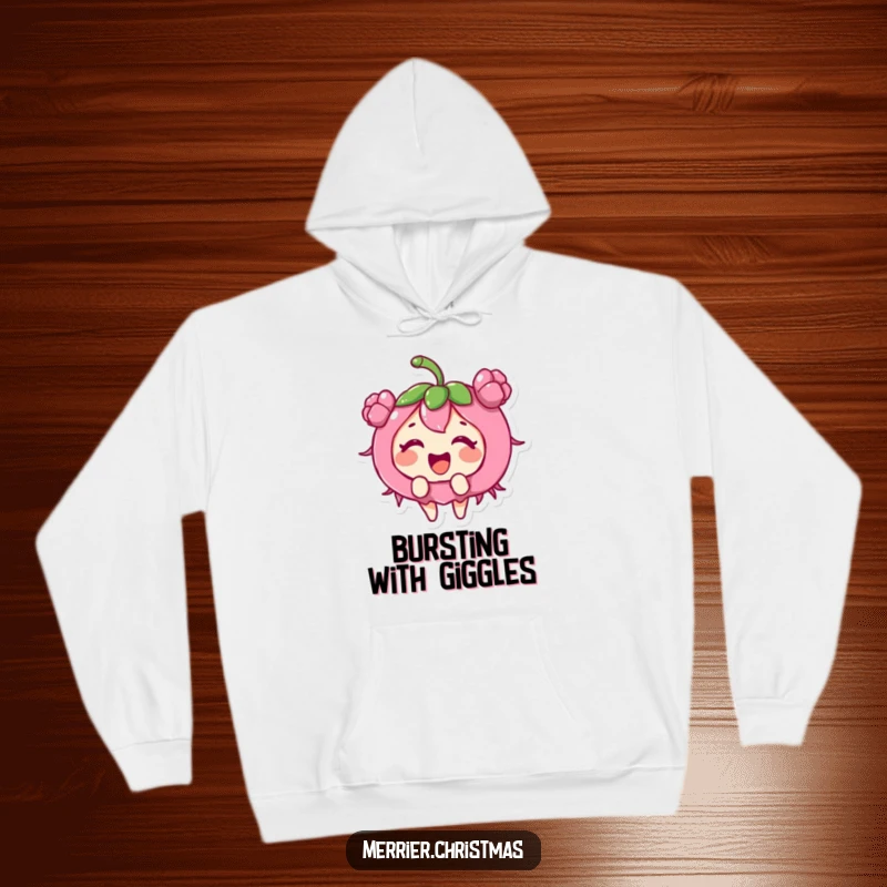 Funny holly berry character giggling with excitement, depicted on a warm and cozy holiday hoodie.