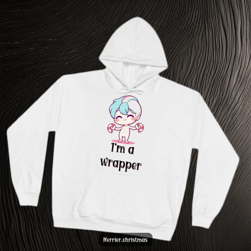 Funny hoodie showcasing a stylized candy cane character bending playfully, designed for warmth and spreading holiday giggles, a truly unique apparel item.