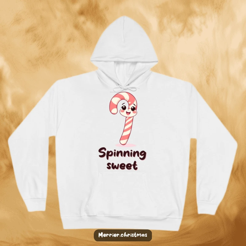 Funny candy cane hoodie, cheerfully spinning, bringing cozy holiday vibes and fun, a perfect funny gift.