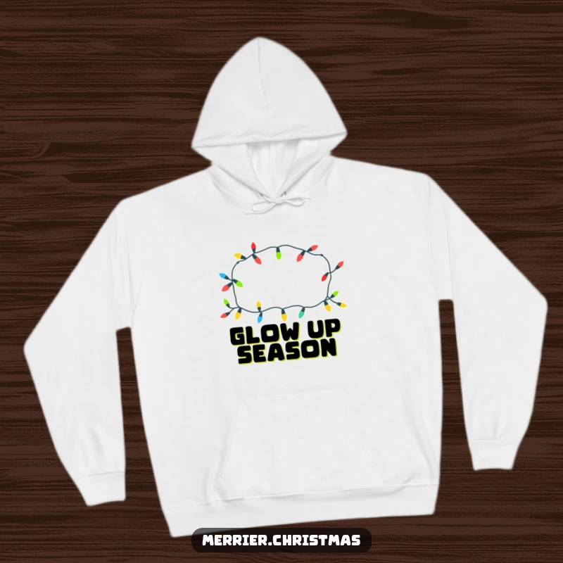 Funny Christmas lights hoodie with a cheerful pattern, glowing warmly, perfect for cozy holidays and as a funny gift.