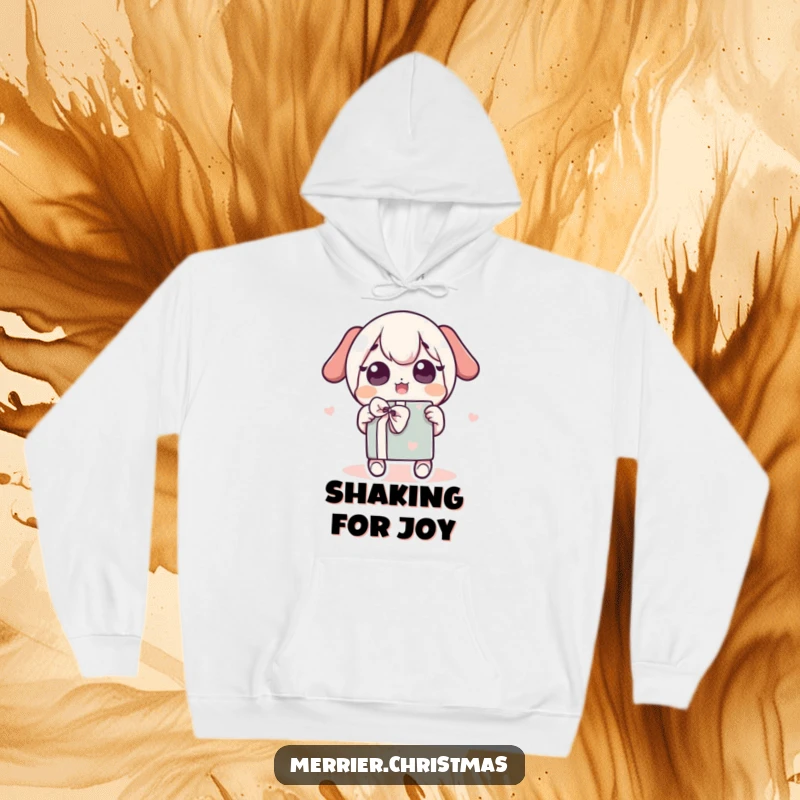 Funny Hoodie depicting a cute kawaii character intensely shaking a wrapped present, eyes wide with anticipation. Perfect for gift lovers.