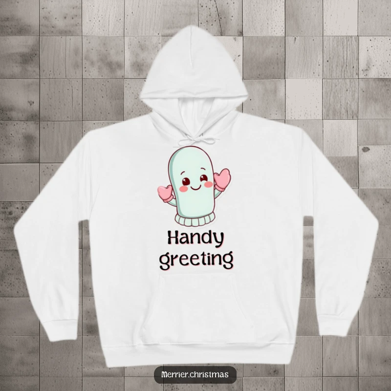 Funny Hoodie: A cheerful mitten character waves energetically, its warm smile offering a friendly hello.
