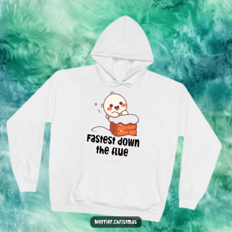 Funny kawaii character making a speedy, happy slide down a chimney, designed for a warm and humorous holiday feel on a hoodie.