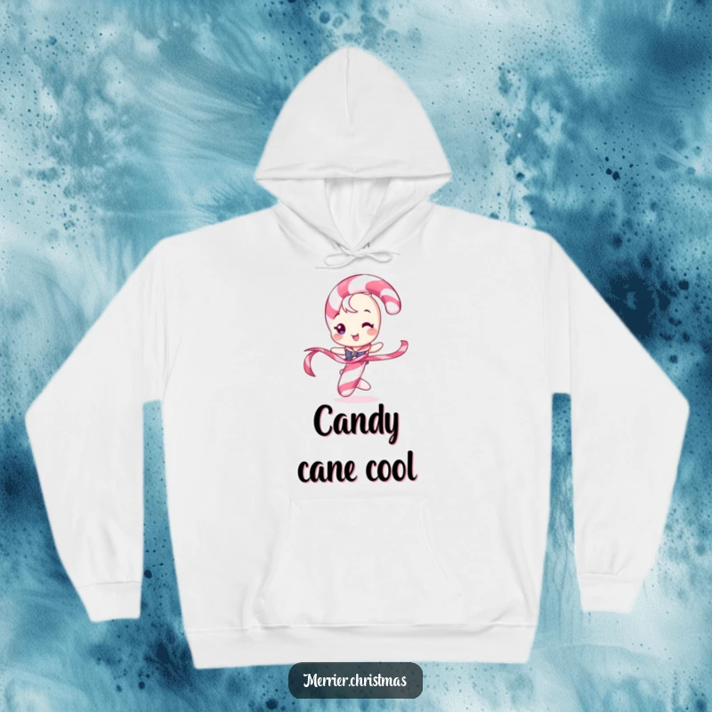 Funny hoodie featuring a candy cane character in a playful twirl with a ribbon, embodying holiday spirit and fun.