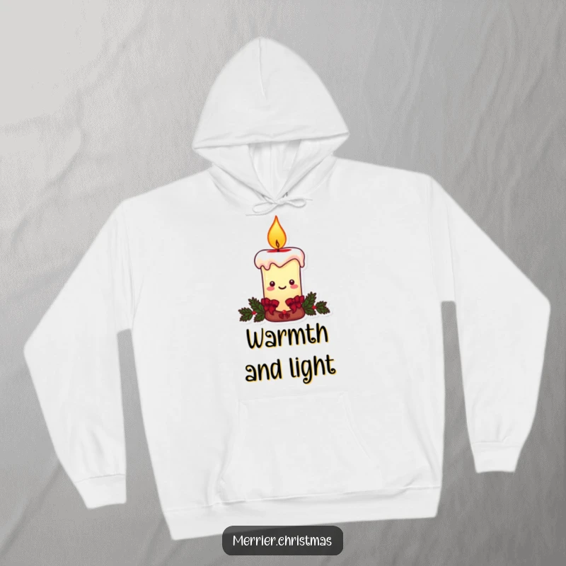 Funny Christmas candle hoodie, a character with a warm, smiling flame, perfect for cozy and joyful holiday wear.