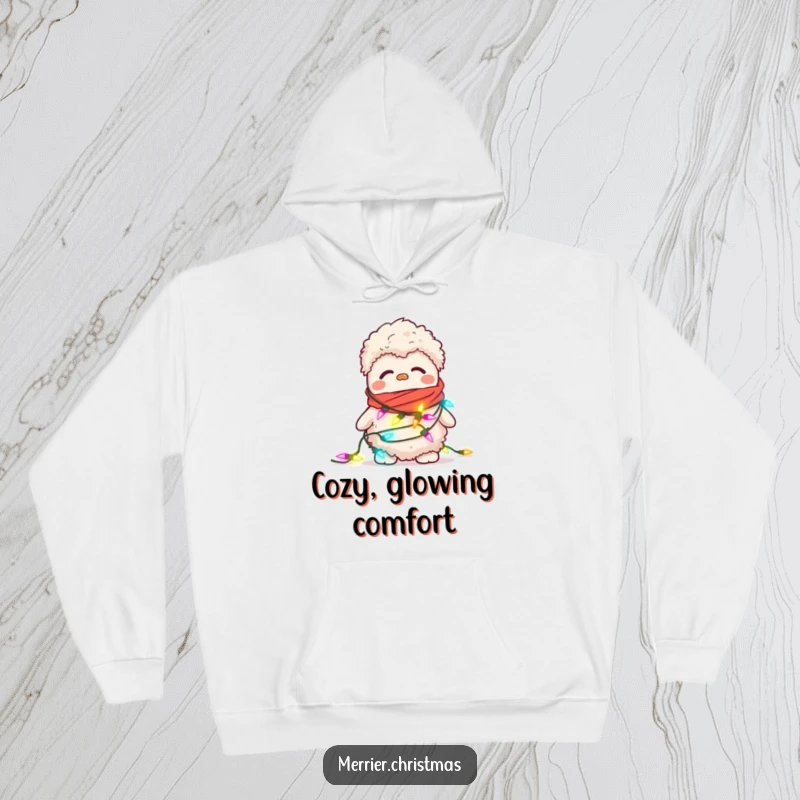 Funny hoodie featuring a confused, fuzzy slipper attempting to wear a string of blinking Christmas lights as a scarf.
