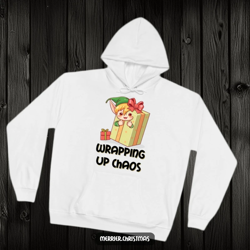 Funny hoodie featuring an elf character with great enthusiasm, wrapping a massive gift, perfect for holiday comfort and cheer.