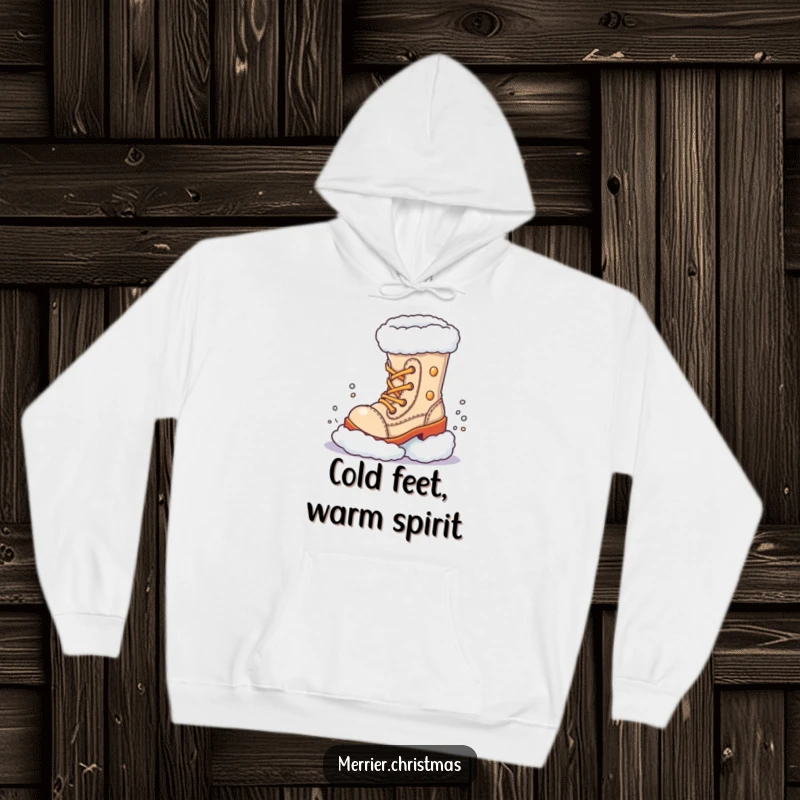Funny Cozy Hoodie, a festive boot character kicking up snow with pure winter delight, designed to make you laugh.