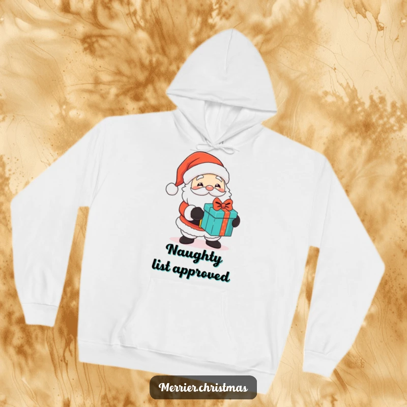 Funny hoodie with a cute Santa Claus character, twinkling eyes, handing out gifts, perfect for cozying up with festive and humorous warmth.