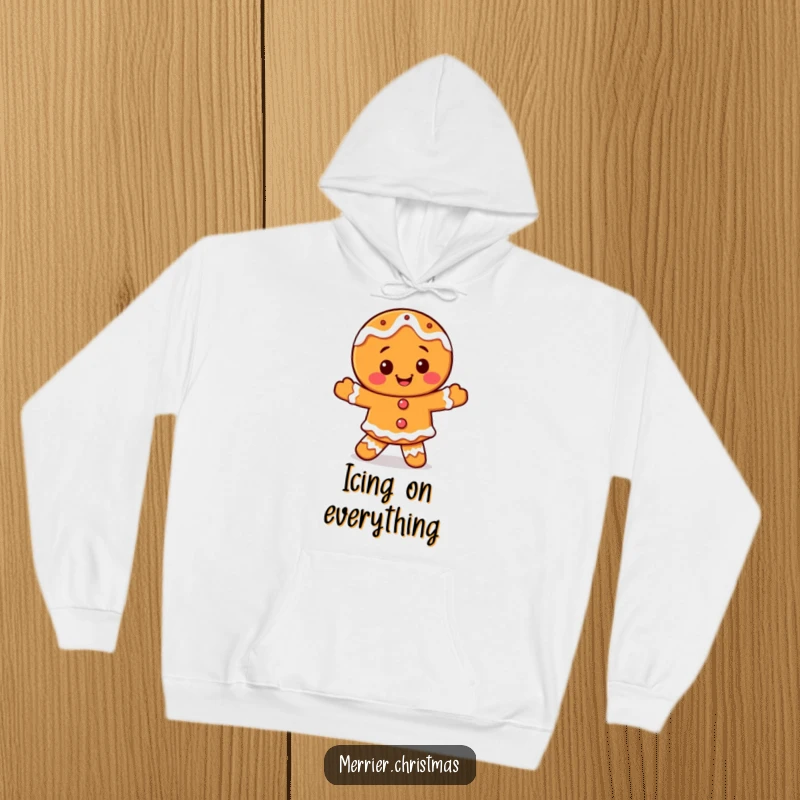 Funny smiling gingerbread man hoodie, decorated with icing, engaged in a joyful dance, perfect cozy winter wear.