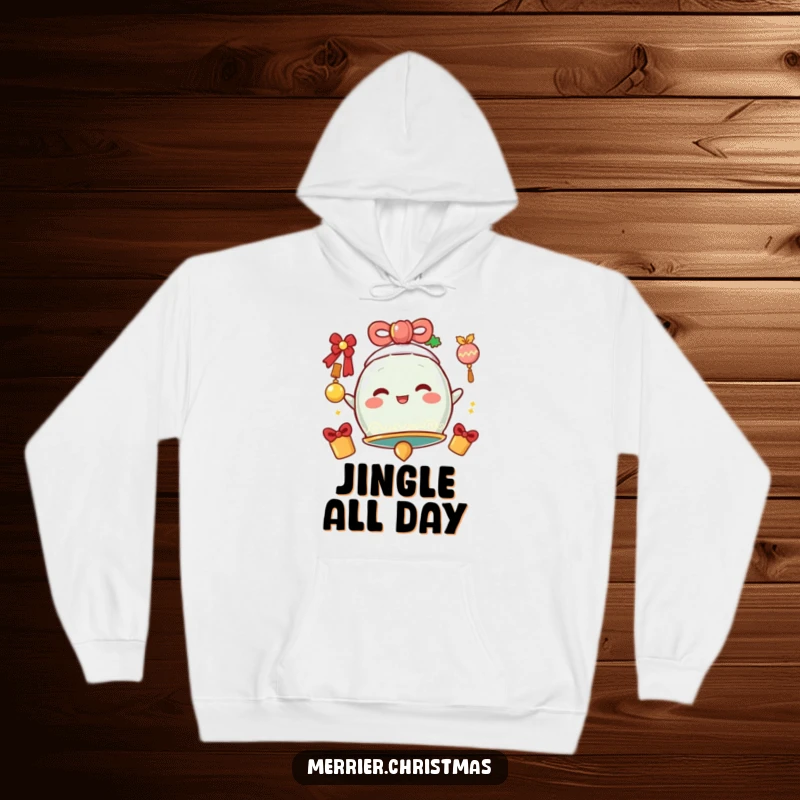 Funny Hoodie depicting a festive bell character emanating a cheerful, jingly vibration, perfect for spreading holiday spirit warmly.