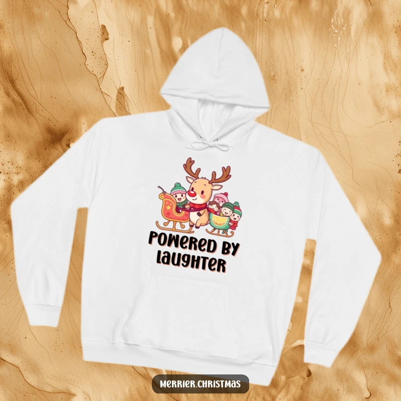 Funny hoodie featuring a reindeer pulling a sleigh full of laughing characters, providing cozy comfort and humorous holiday cheer.