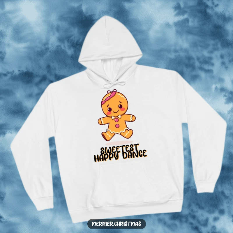Funny hoodie with a happy gingerbread character captured in a joyful hopping motion, embodying festive cheer.