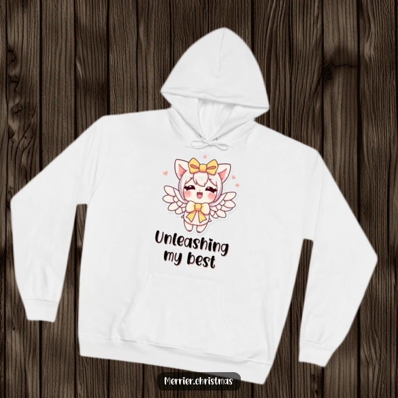 Funny gift bow hoodie, a character with a gift bow enthusiastically sprouting wings, offering cozy inspiration.