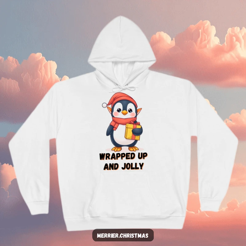 Funny elf penguin hoodie, dressed as a cheerful elf, holding a brightly wrapped gift, perfect for cozy winter holidays.