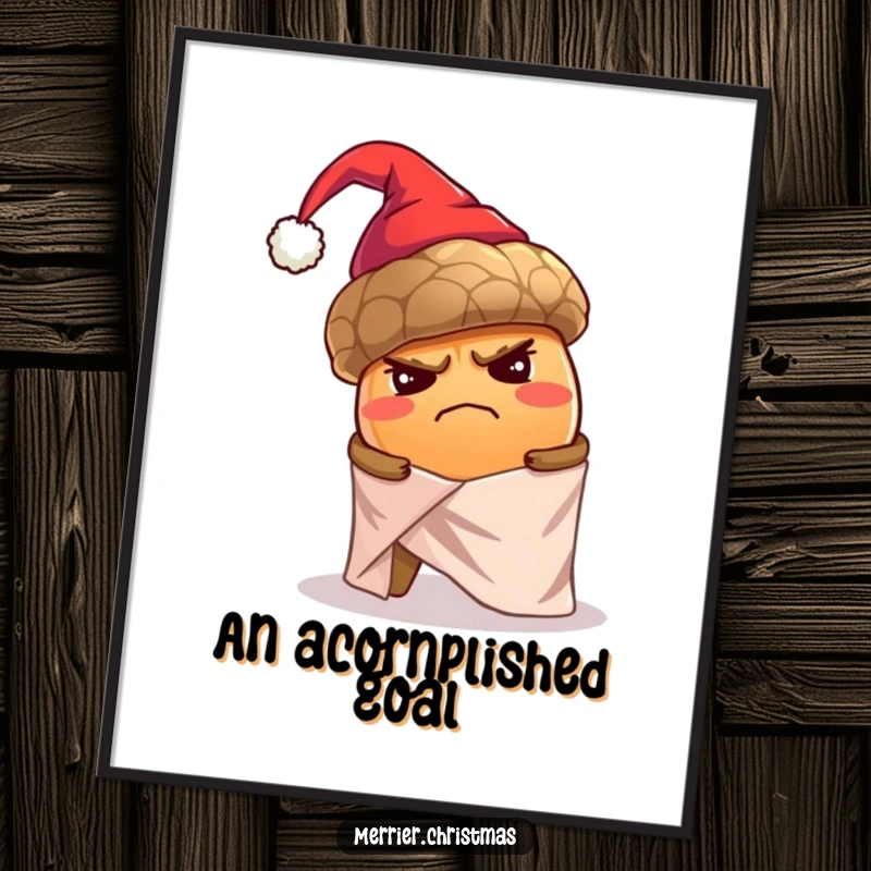 Funny Free Printable Wall Art depicting a grumpy acorn in a Santa hat failing to wrap a gift, quirky decor.