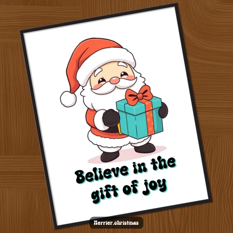 Funny Free Printable Wall Art: A cute Santa character with a twinkle, generously handing out gifts with a heartwarming and humorous holiday vibe.