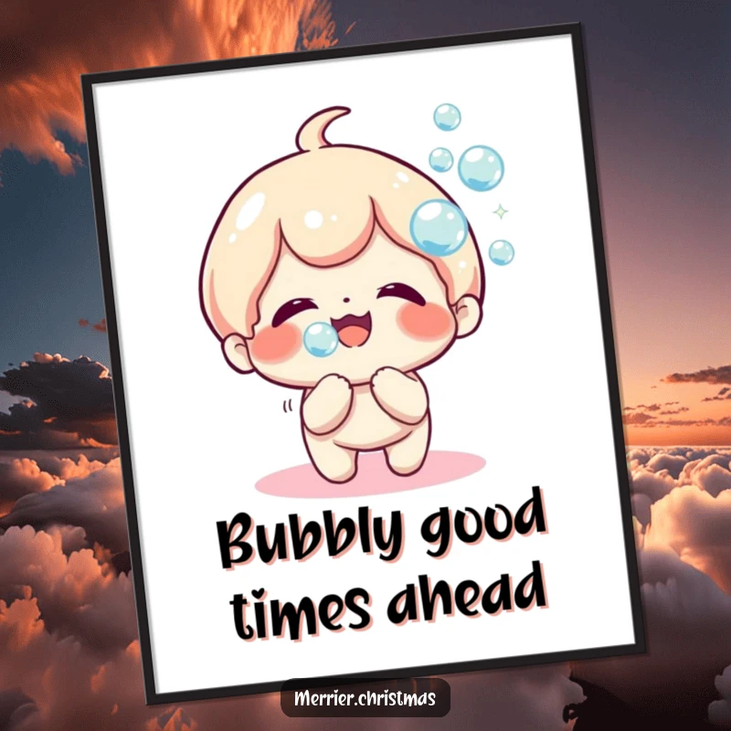 Funny Free Printable Kawaii Wall Art: Kawaii character blowing a stream of colorful, sparkly bubbles with an expression of pure joy.