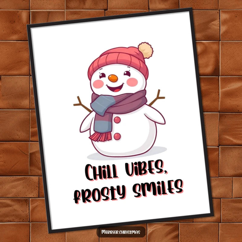 Funny Free Printable Wall Art: A cute snowman wearing a festive scarf beams brightly, adding cheer to decor. Cozy downloadable art.