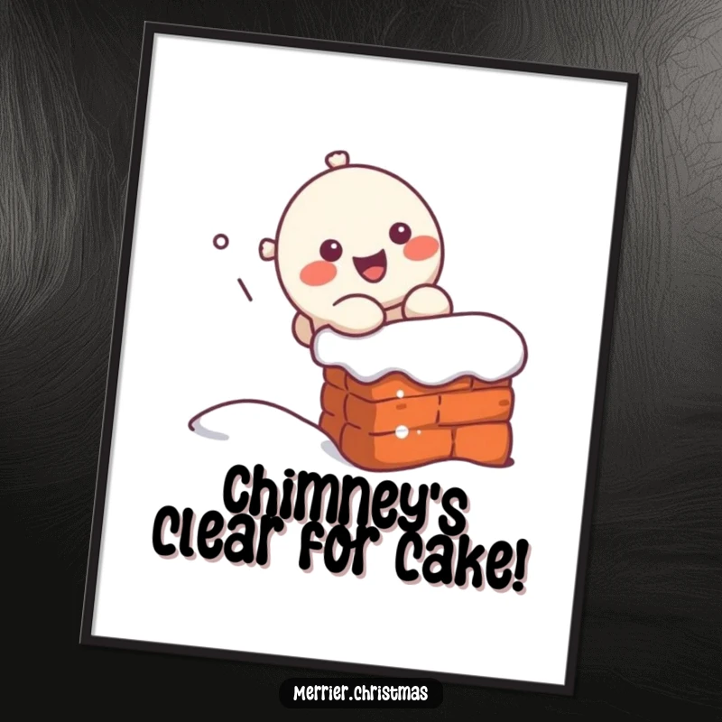 Funny Free Printable Wall Art: A cute kawaii character slides down a chimney, bringing a smile with its cheerful expression.