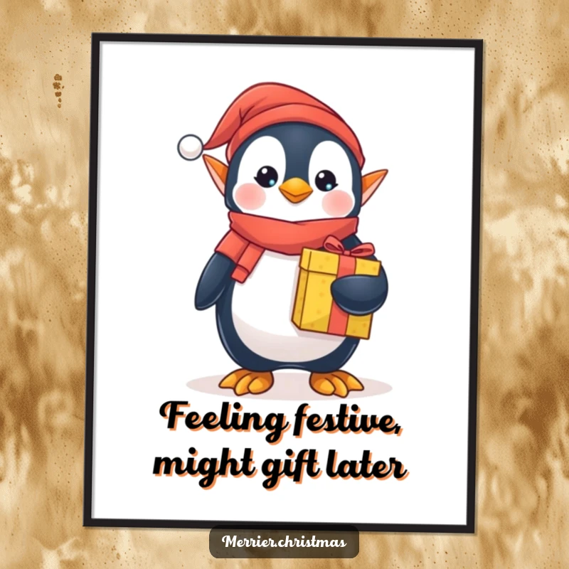Funny Free Printable Penguin Elf Wall Art, dressed as Santa's helper, holding a festive gift.
