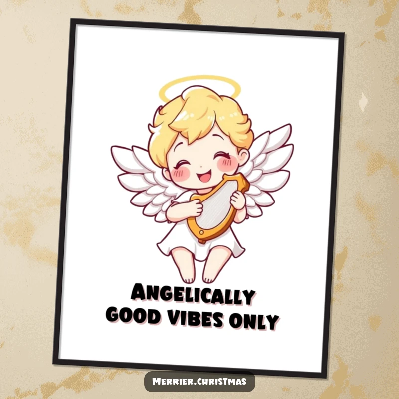 Funny Free Printable Wall Art of a smiling angel with feathered wings, playing a tiny harp, bringing a sense of peace and beauty.