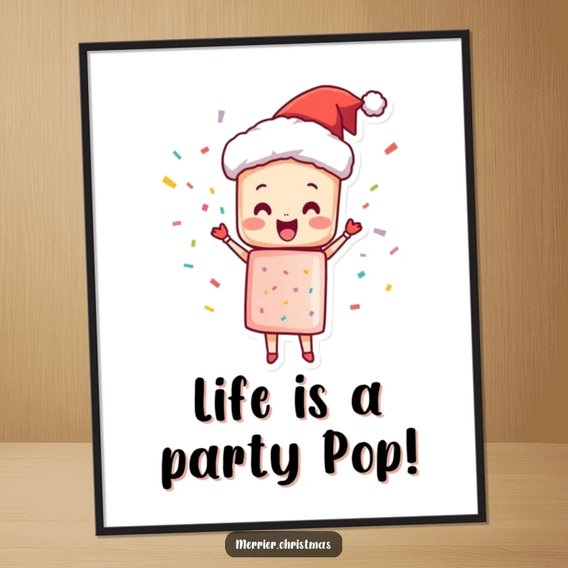 Funny free printable wall art of a Christmas cracker character joyfully popping with colorful confetti.