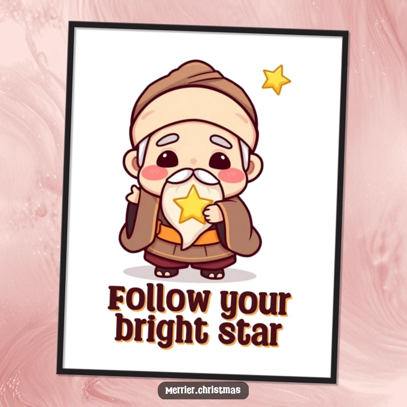 Funny Free Printable Wall Art: Adorable kawaii wise man joyfully offering a tiny, magical glowing star with a kind expression.