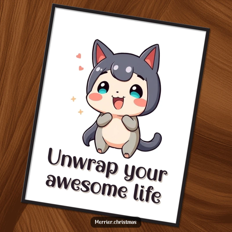 Funny Free Printable Wall Art: Adorable present character wiggling with excitement, bringing a cheerful and humorous vibe.