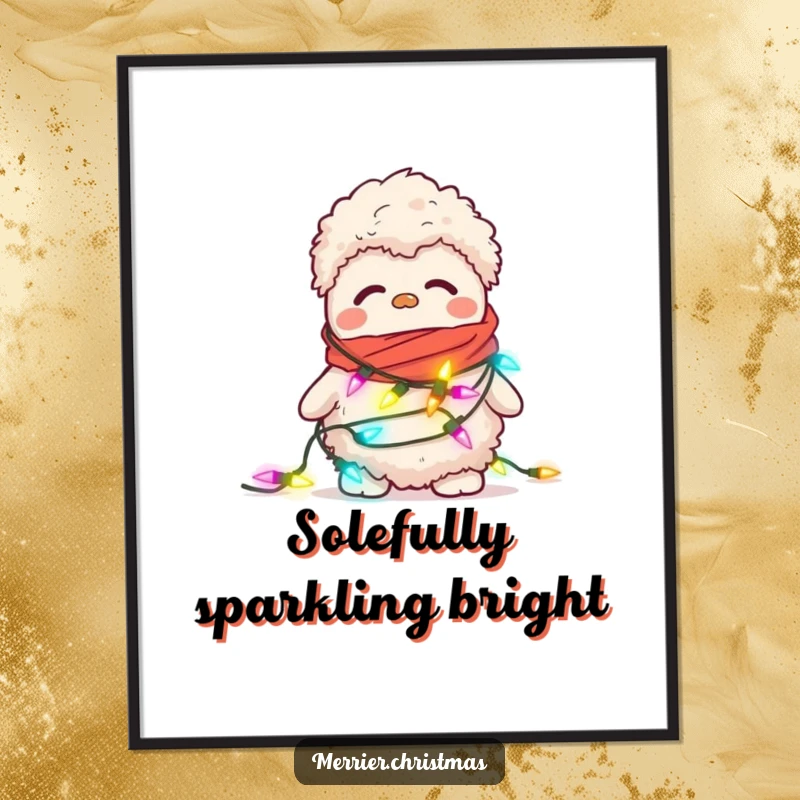 Funny Free Printable Wall Art of a fuzzy slipper tangled in blinking Christmas lights, whimsical decor.