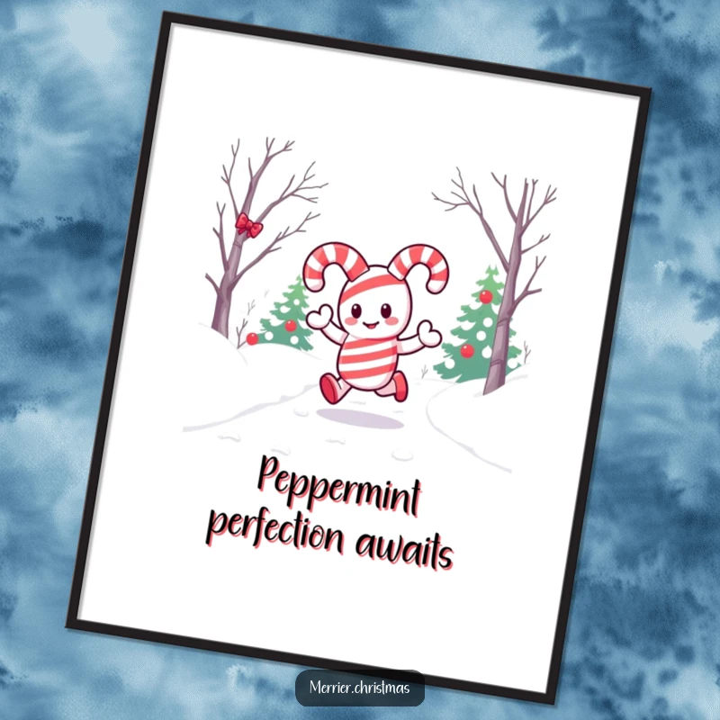 Funny Free Printable Wall Art of a kawaii candy cane character joyfully hopping down a snowy path, bringing festive vibes and cute decor.