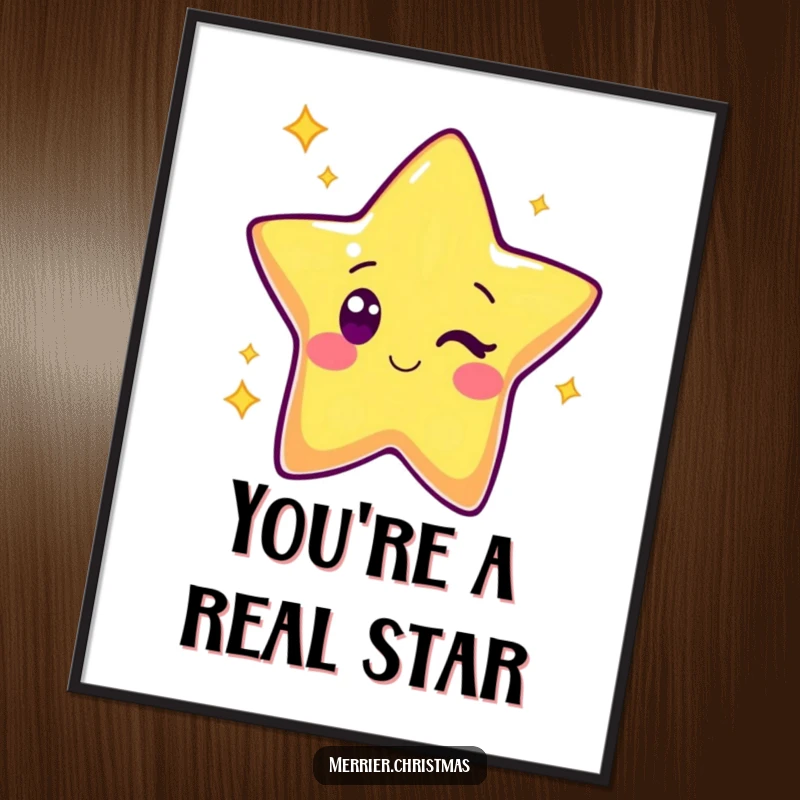 Funny Free Printable Wall Art: A radiant kawaii star beams and gives a charming wink, adding a touch of playful light and humor to any decor.