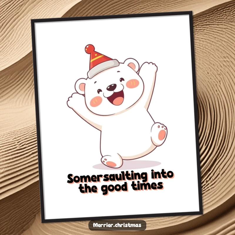 Funny Free Printable Wall Art: A happy polar bear cub in a festive hat doing a joyful somersault.