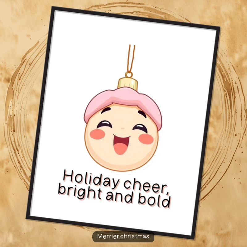 Funny Free Printable Wall Art: Excited Christmas ornament character with a wide, beaming smile, radiating holiday joy.