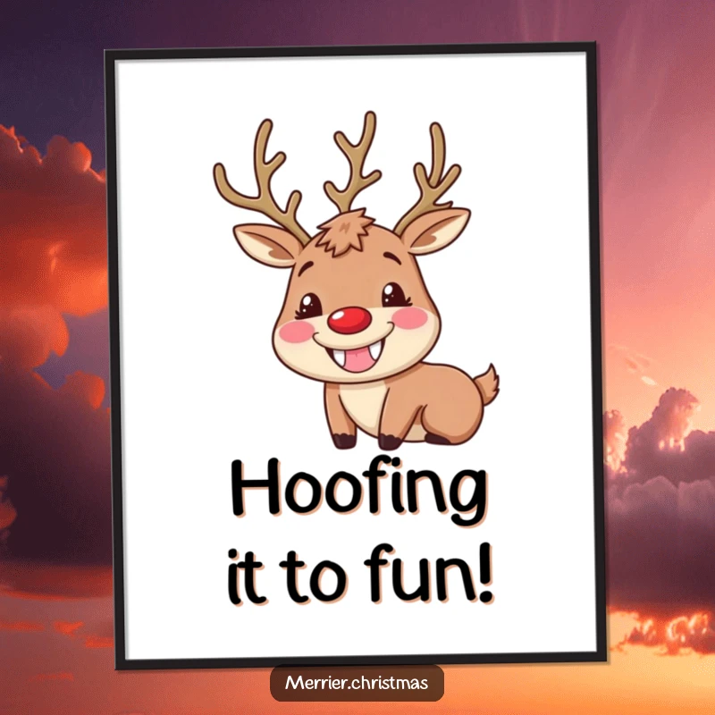 Funny free printable wall art featuring a joyous reindeer with a silly, wide grin and plump, rosy cheeks, spreading holiday cheer.