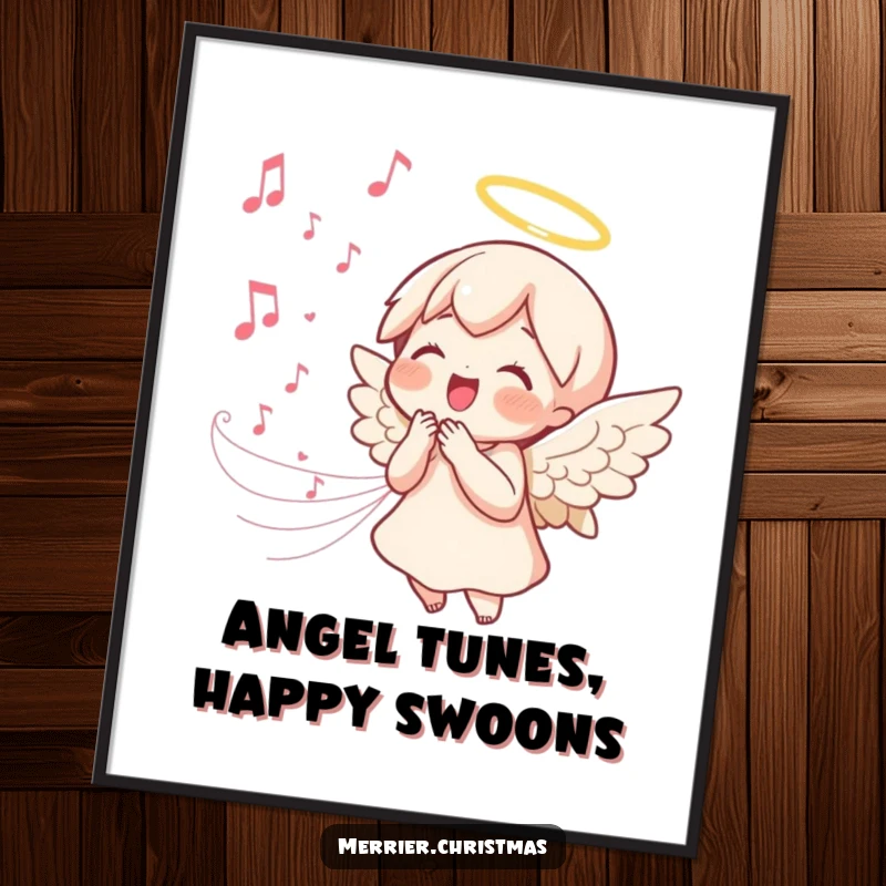 Sweet Free Printable Wall Art: Kawaii angel singing with pure joy, melodic stream of music notes flowing, creating peaceful, beautiful decor.