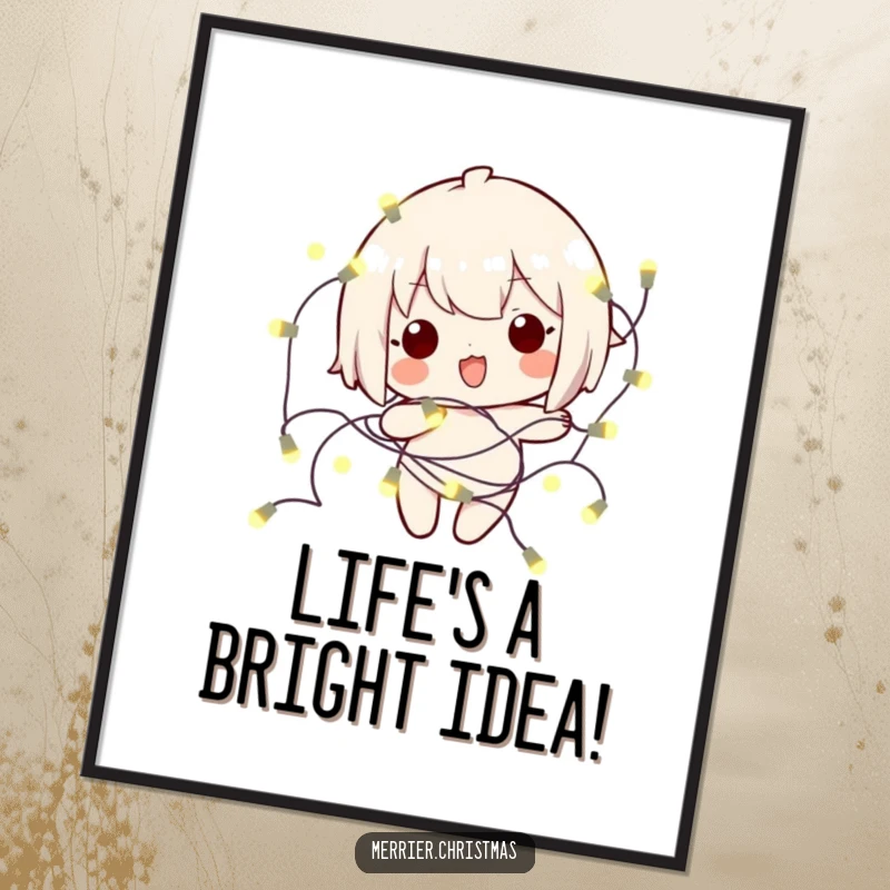 Funny Free Printable Wall Art: A cute kawaii character tangled in glowing lights, bringing a festive and humorous atmosphere.