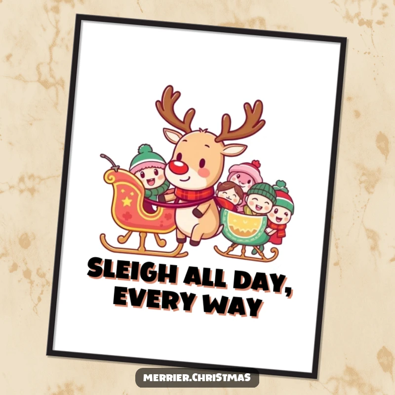 Funny Free Printable Wall Art: A reindeer character pulling a sleigh full of laughing characters, creating a humorous and joyful festive scene.