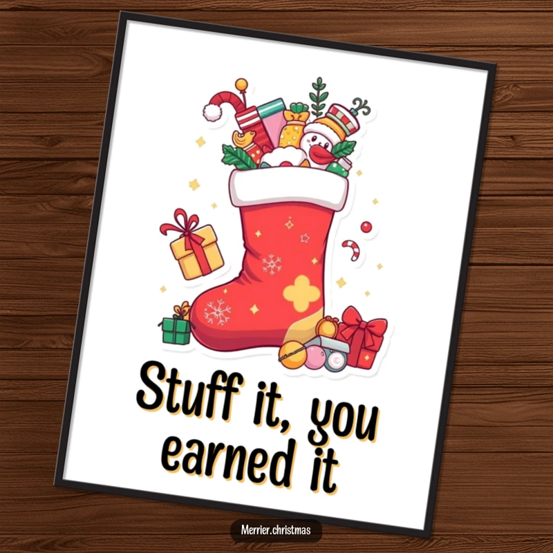 Funny Free Printable Wall Art: A Christmas stocking character overflowing with playful items, bringing a touch of holiday merriment.