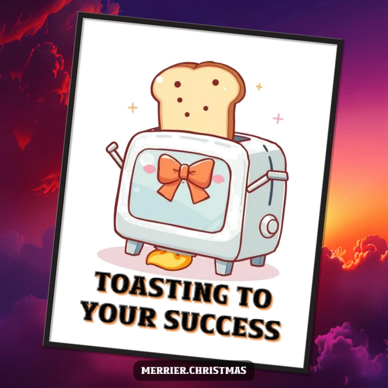 Funny Free Printable Wall Art of a toaster oven launching toast with a festive bow, playful decor.