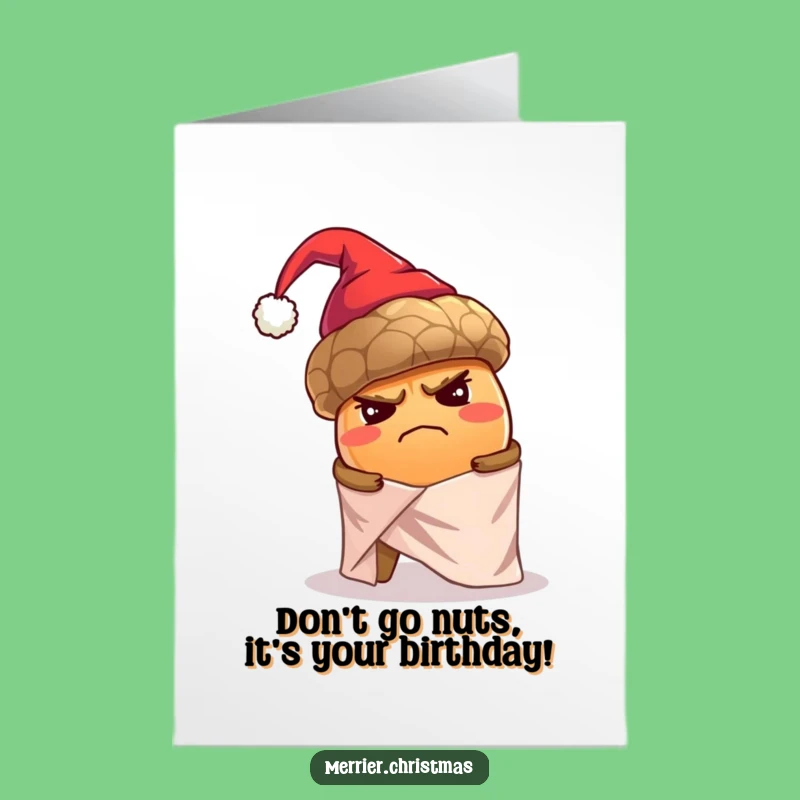 Free Printable Birthday Card: Grumpy Acorn Trying to Wrap Funny Gift