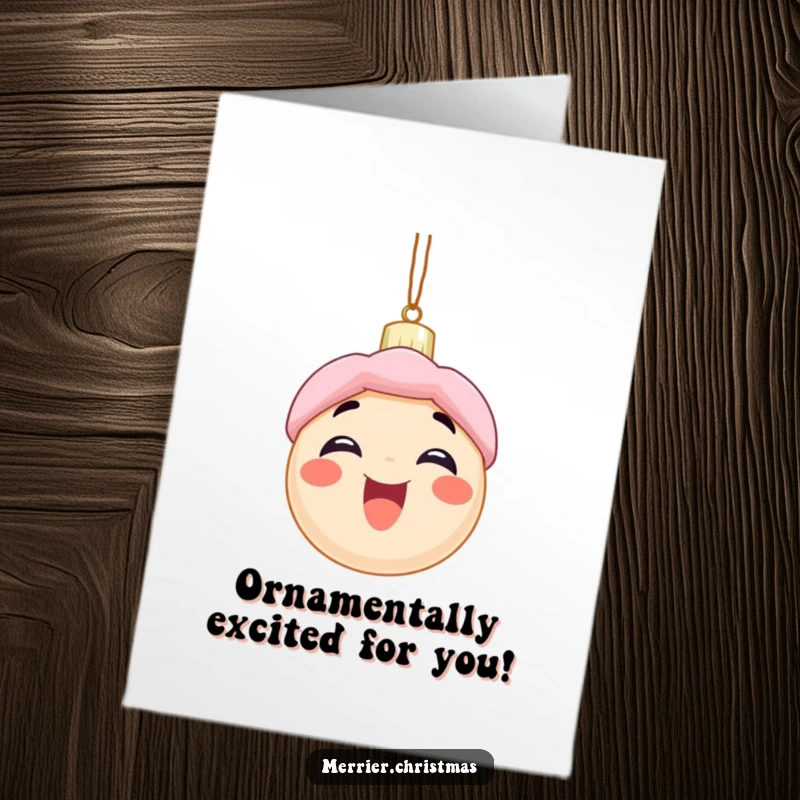 Funny Free Printable Birthday Card: Adorable Christmas ornament character with a wide, excited smile, celebrating a birthday.