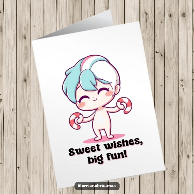 Funny Free Printable Birthday Card: Stylized candy cane character bending joyfully, ready to celebrate a special day.