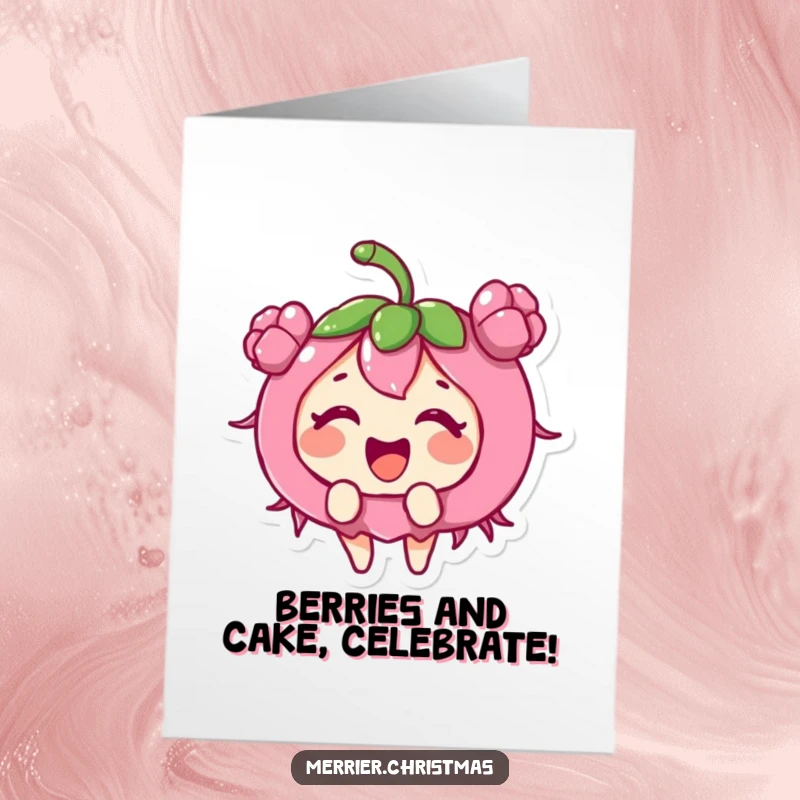 Funny Free Printable Birthday Card: A holly berry character giggling with pure excitement, radiating festive birthday joy.